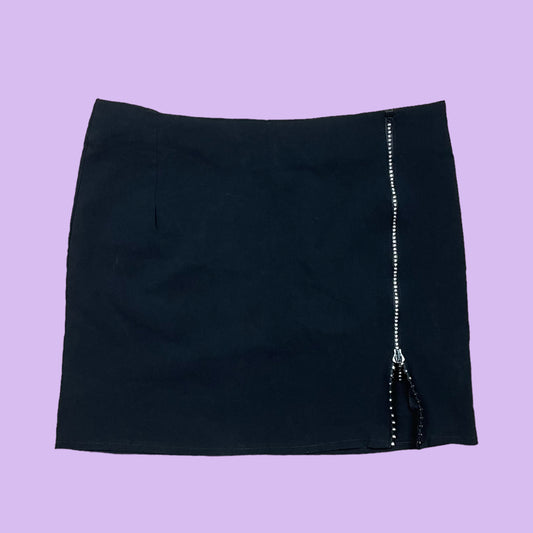 Rhinestone Zip Up Mini Skirt - UK 14