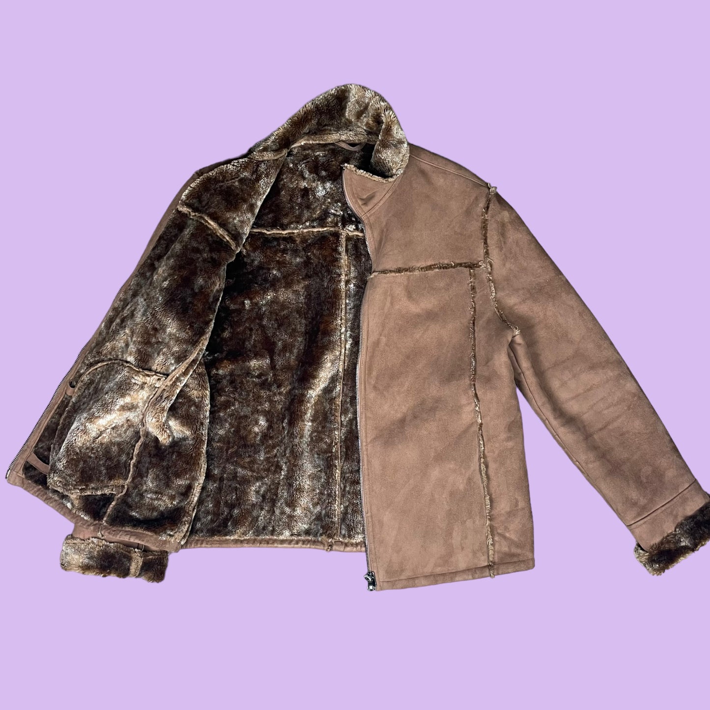 Faux Suede Brown Leather Jacket With Fur Applications - DE 40