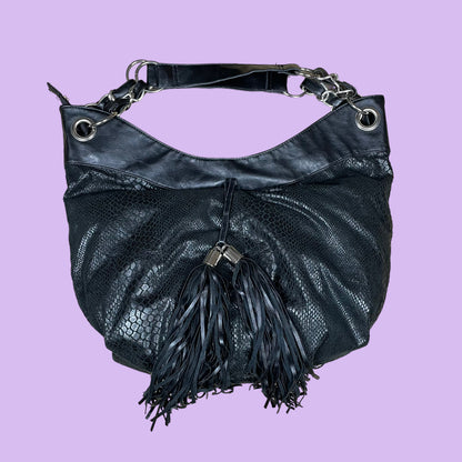 Black Chunky Faux Leather Snakeskin Handbag With Fringe Details