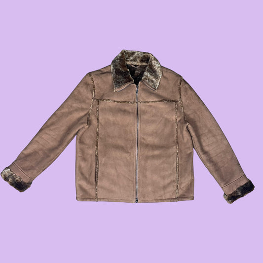 Faux Suede Brown Leather Jacket With Fur Applications - DE 40