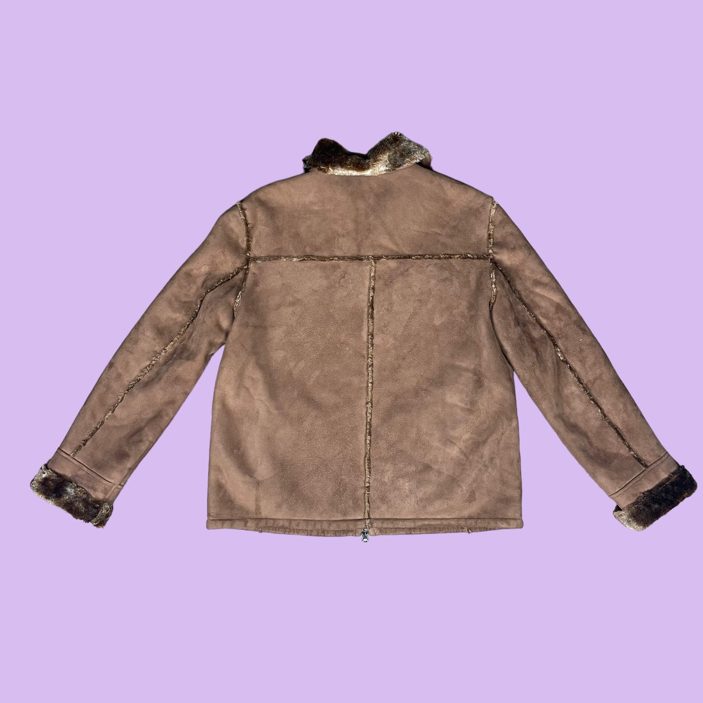 Faux Suede Brown Leather Jacket With Fur Applications - DE 40